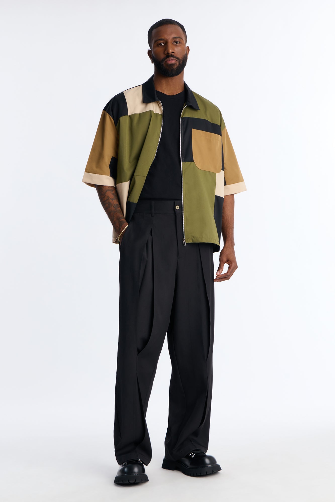 Cropped Pixel Perfect Zip Up Shirt - Khaki