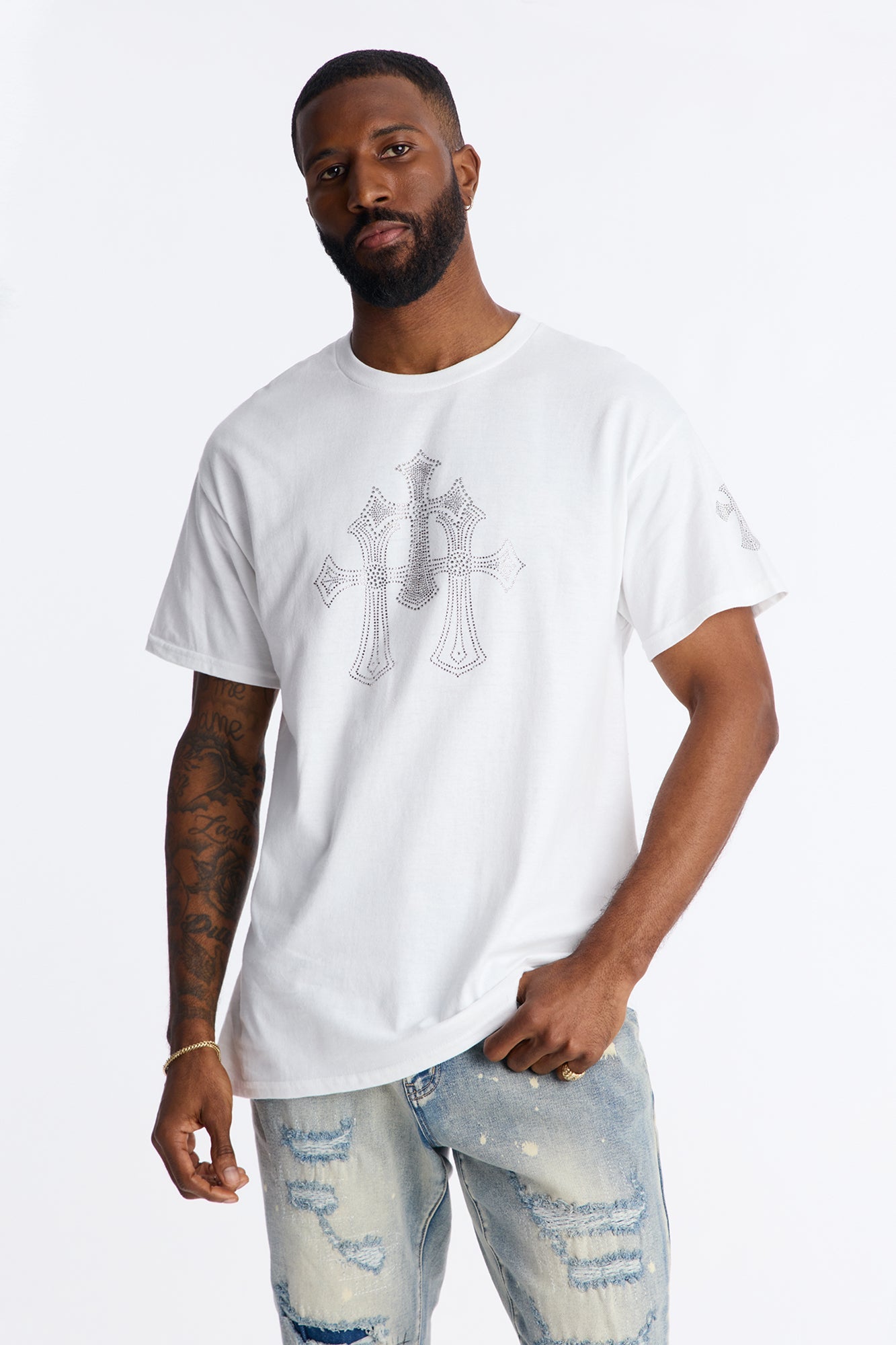 Three Crosses Rhinestones Oversized Short Sleeve Tee - White