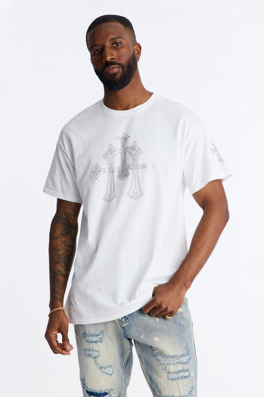 Three Crosses Rhinestones Oversized Short Sleeve Tee - White