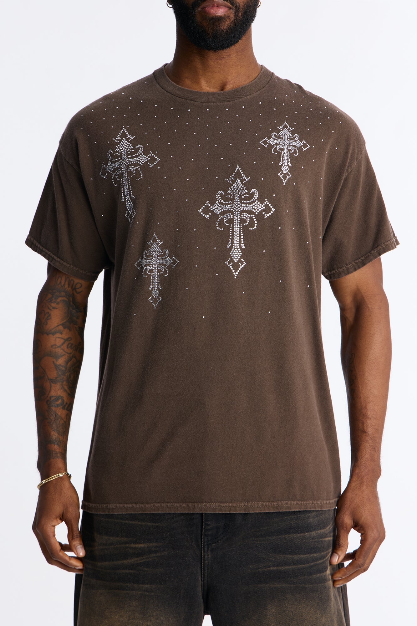Bare The Cross Rhinestones Oversized Short Sleeve Tee - Chocolate