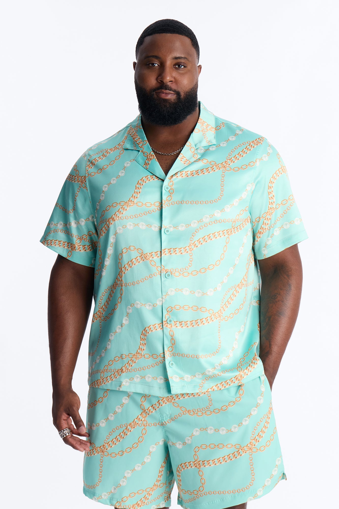 Chain Flex Printed Cuban Collar Button Up Shirt - Blue