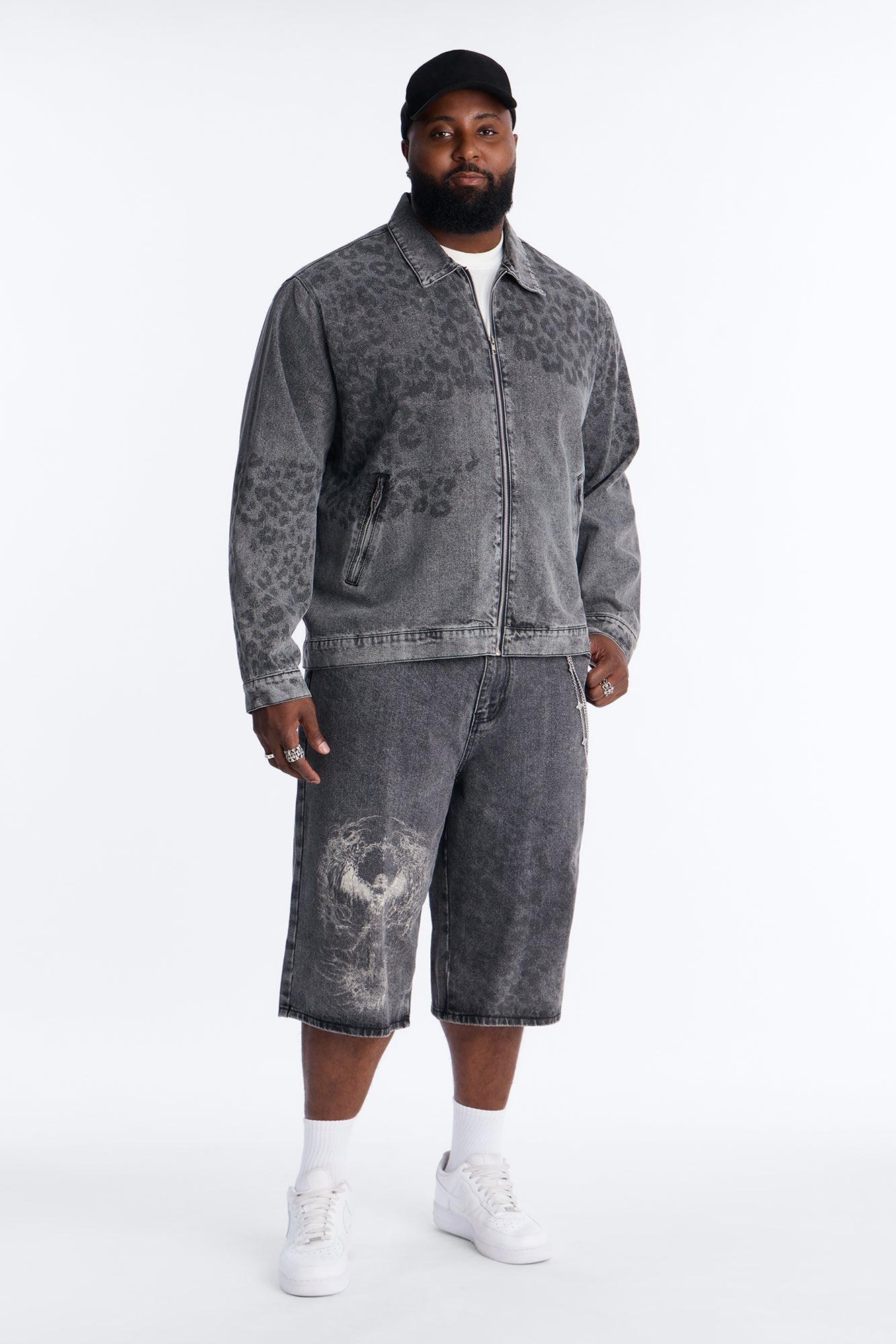 Baggy Night Fall Leopard Denim Shorts - Black Wash