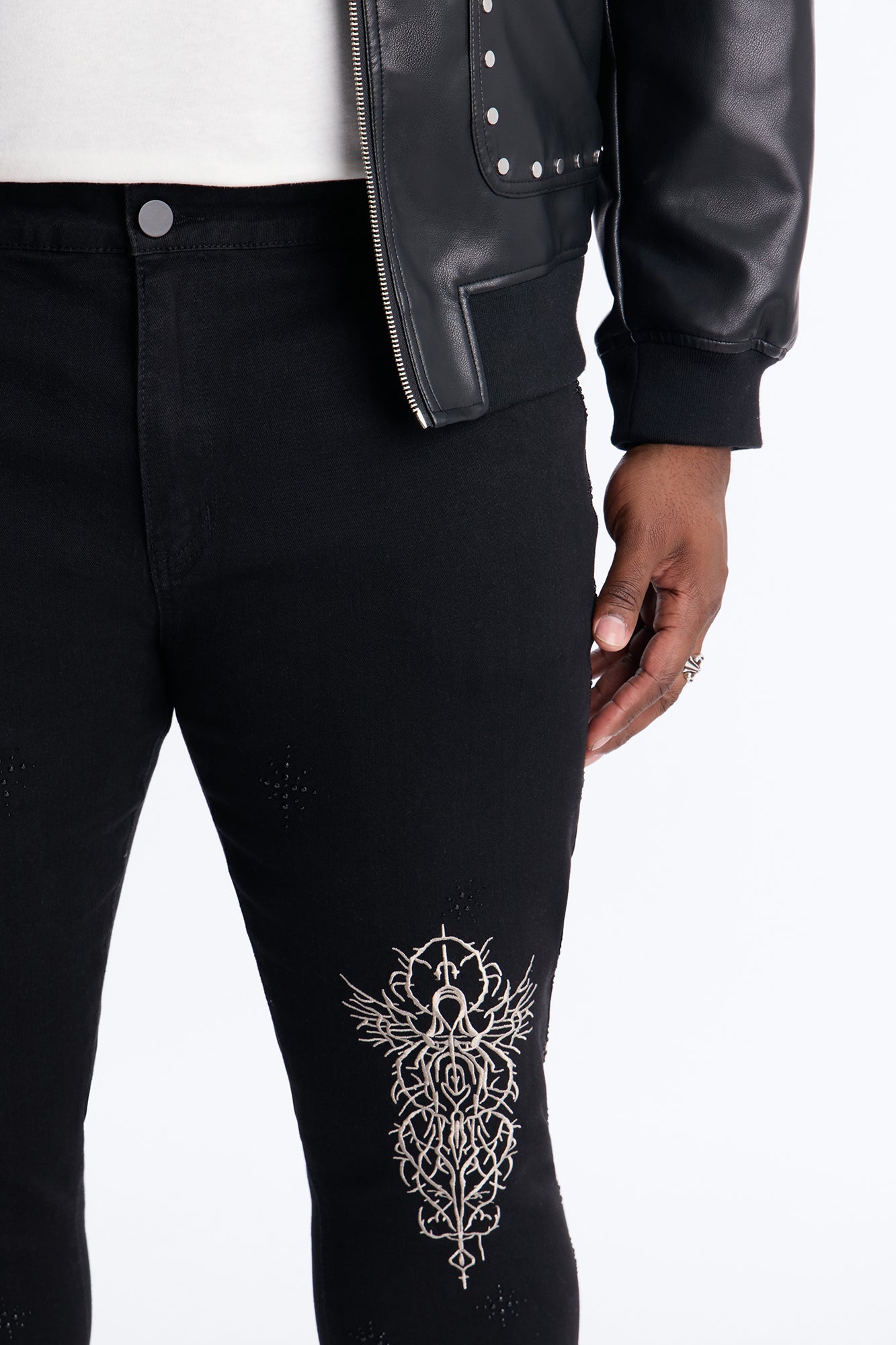 Stacked Skinny Flare Embroidered Saint Jeweled Jean - Black