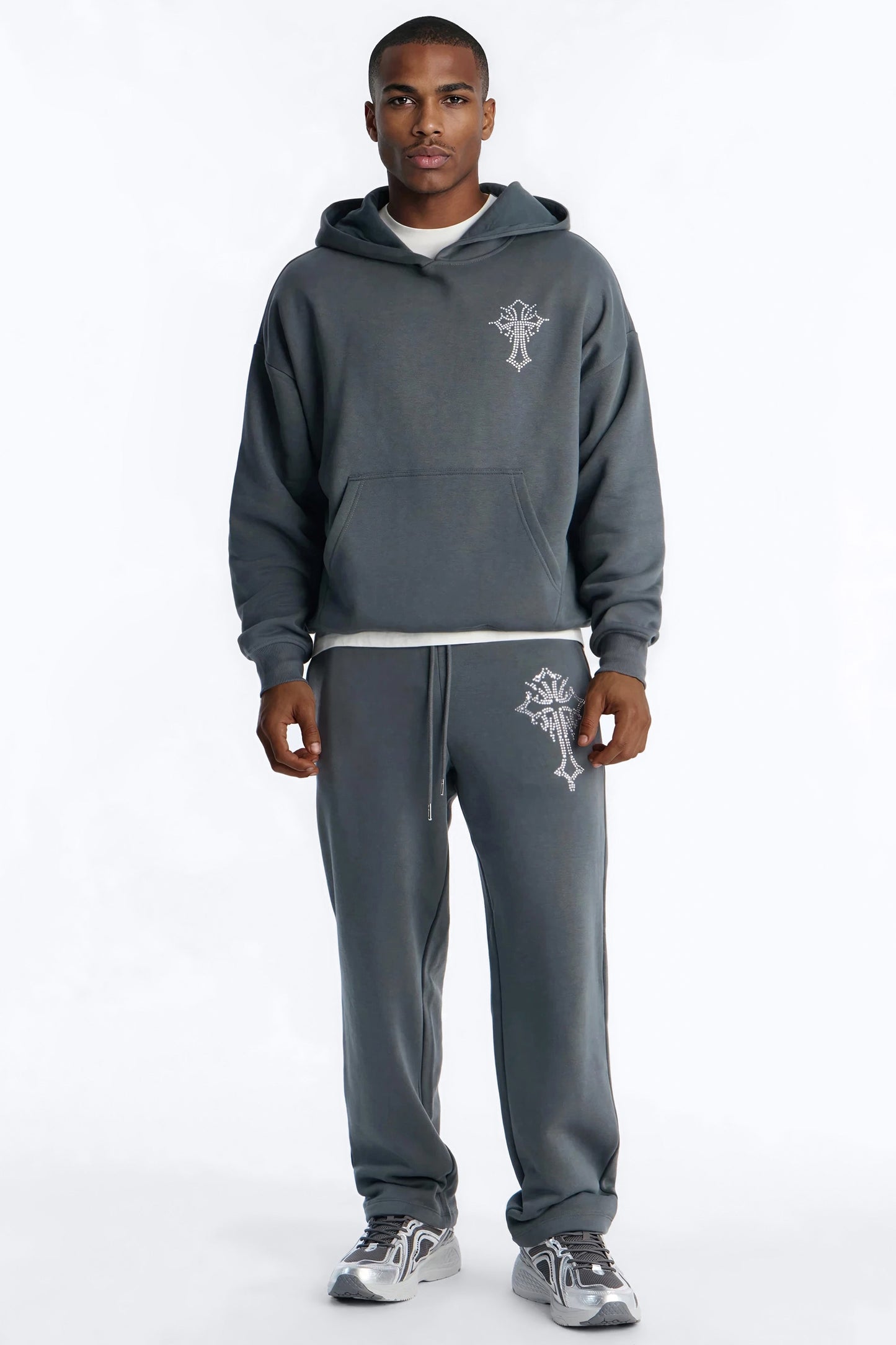 Blessed Rhinestone Pearl Sweatpants - Charcoal