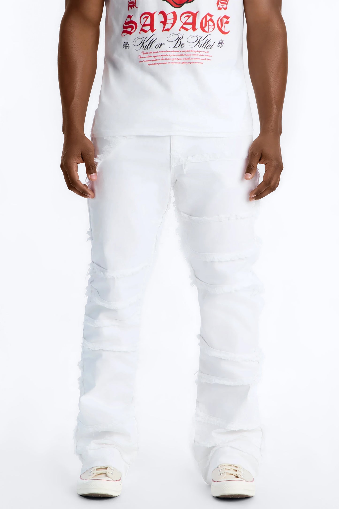 Stacked Skinny Flare Fray It Up Jean - White