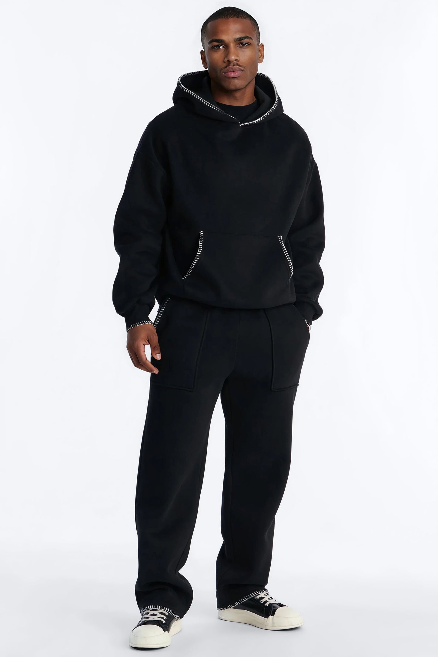 Straight Contrast Blanket Stitch Sweatpants - Black
