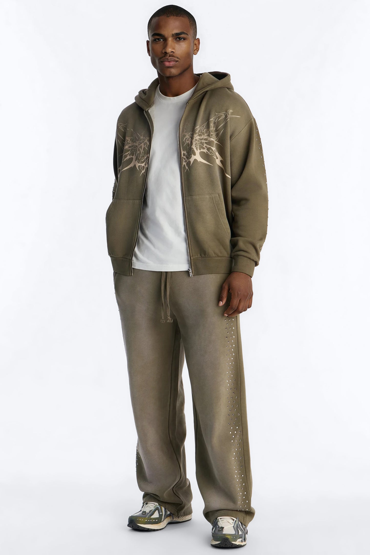 Tribal Rhinestone Zip Hoodie - Olive