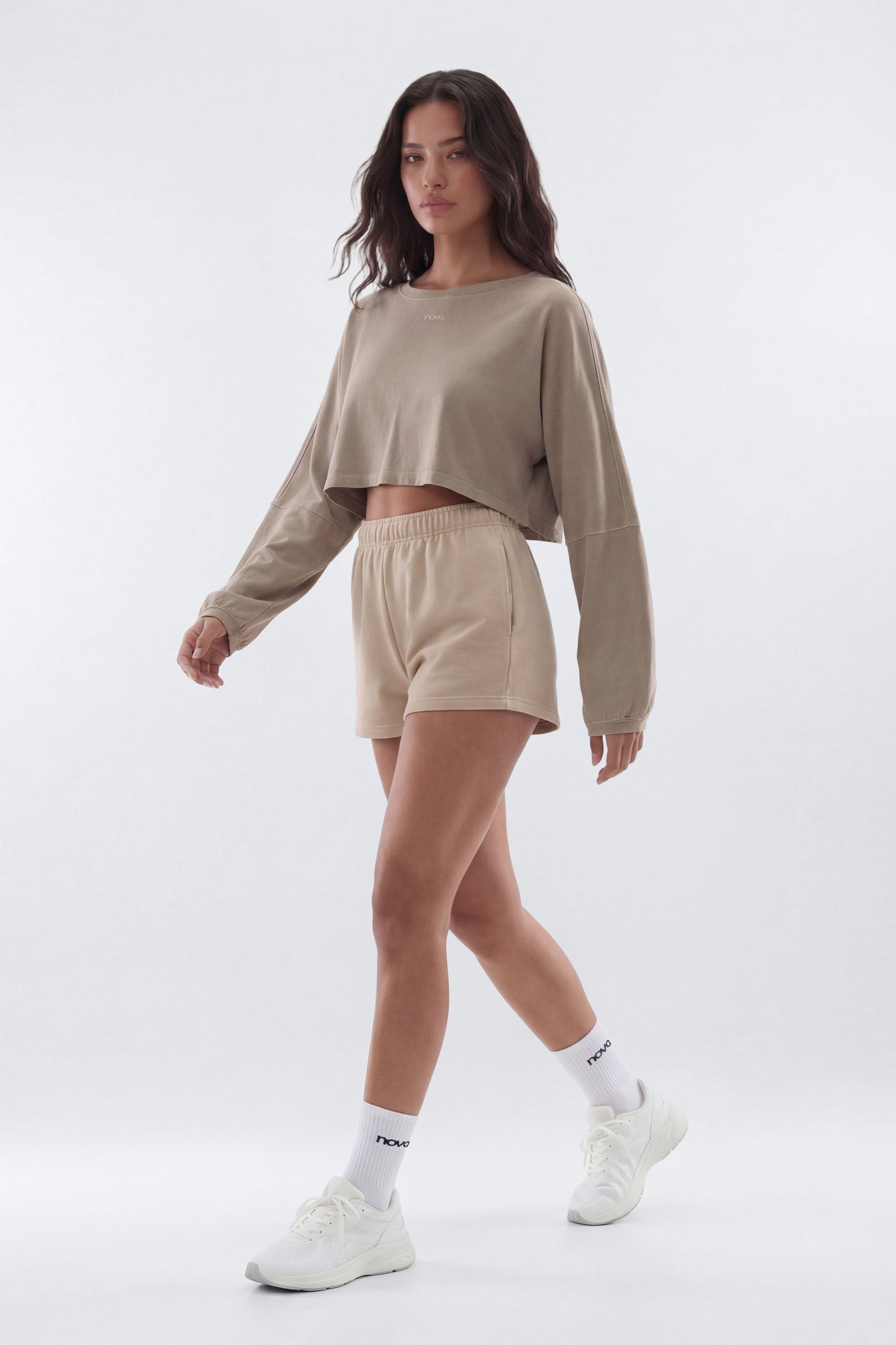 Cotton Jersey Long Sleeve Cropped Top - Taupe Fashion Nova