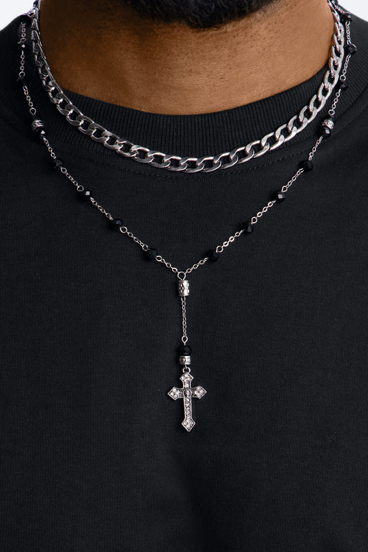 Layered Cuban And Beaded Cross Necklace Set - Silver/Black