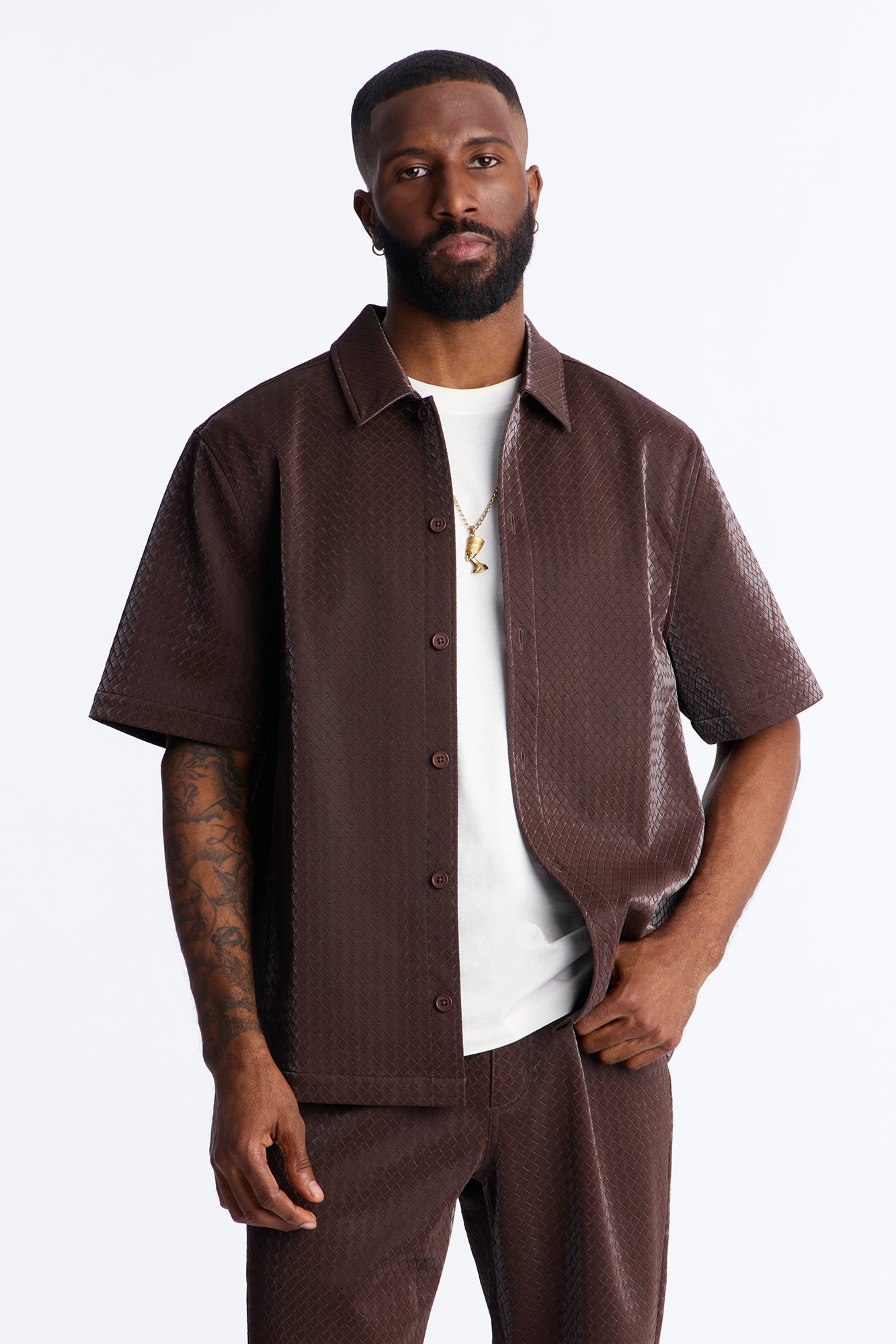 Tisse Textured Faux Leather Button Up Shirt - Brown