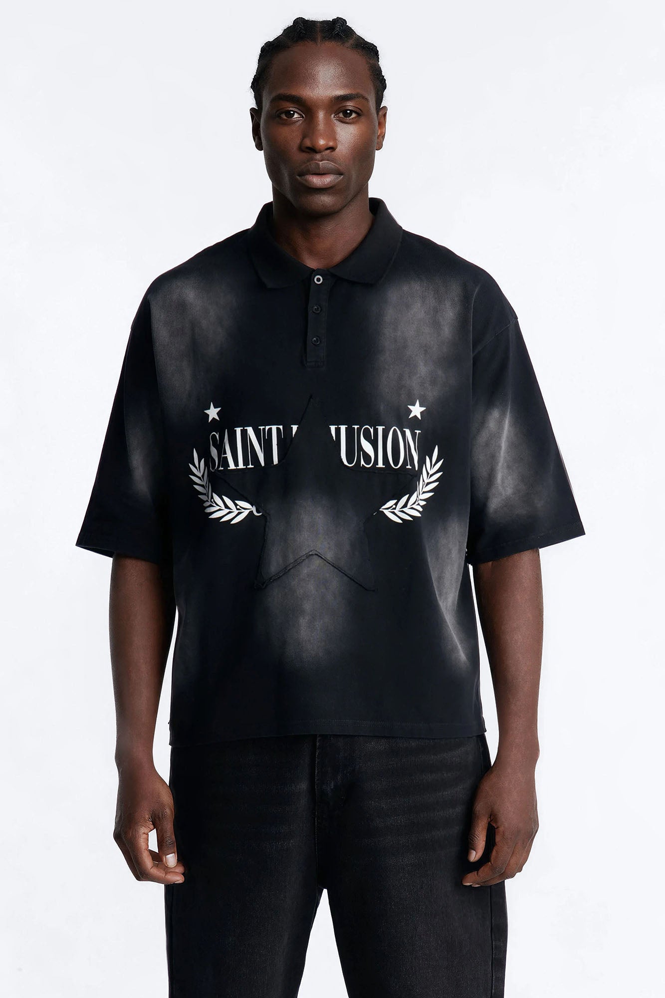 Stars And Saints illusion Short Sleeve Knit Polo - Black