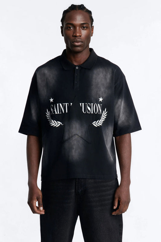 Stars And Saints illusion Short Sleeve Knit Polo - Black