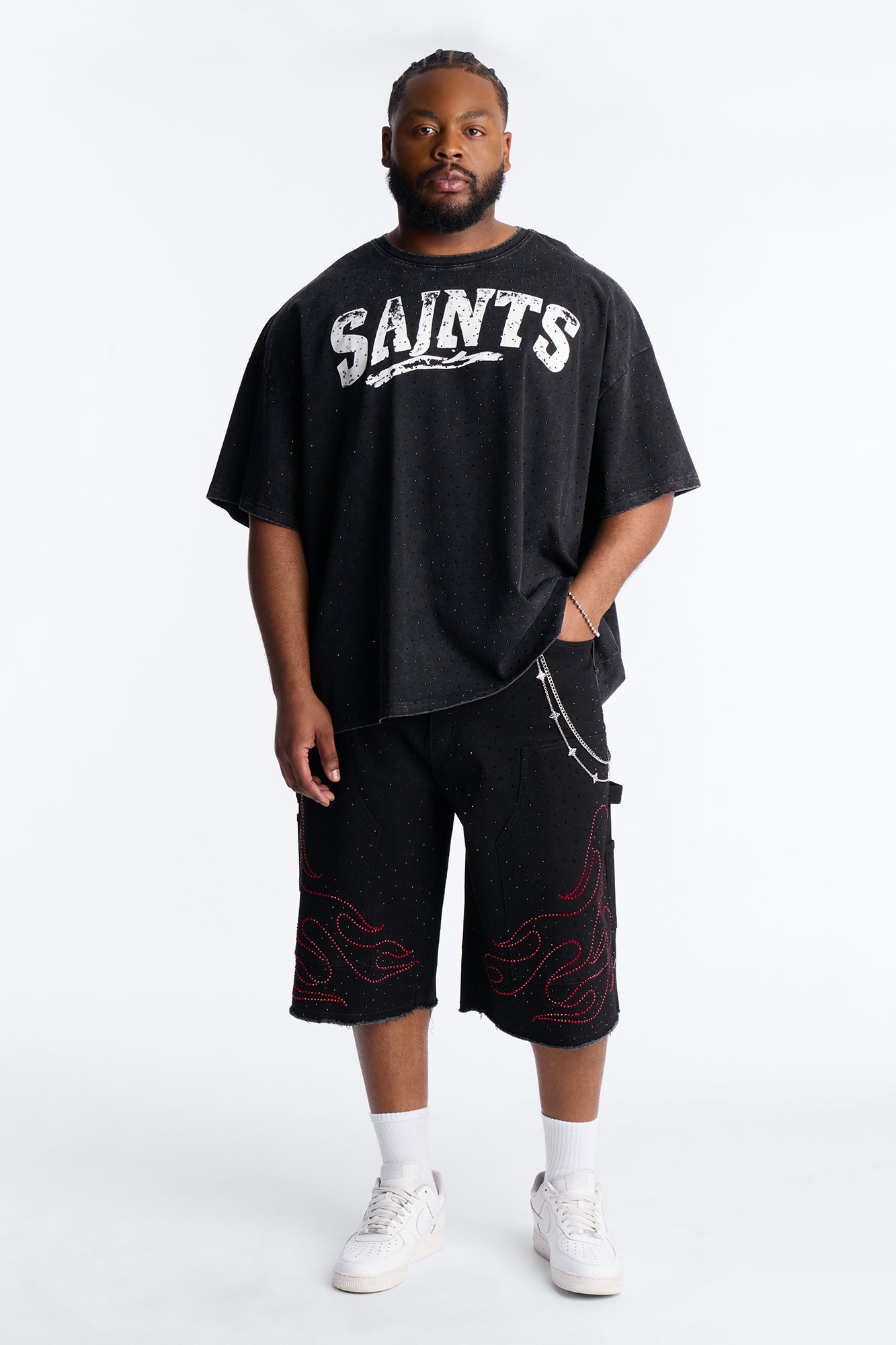 Baggy Flamed Jewel Carpenter Denim Short - Black