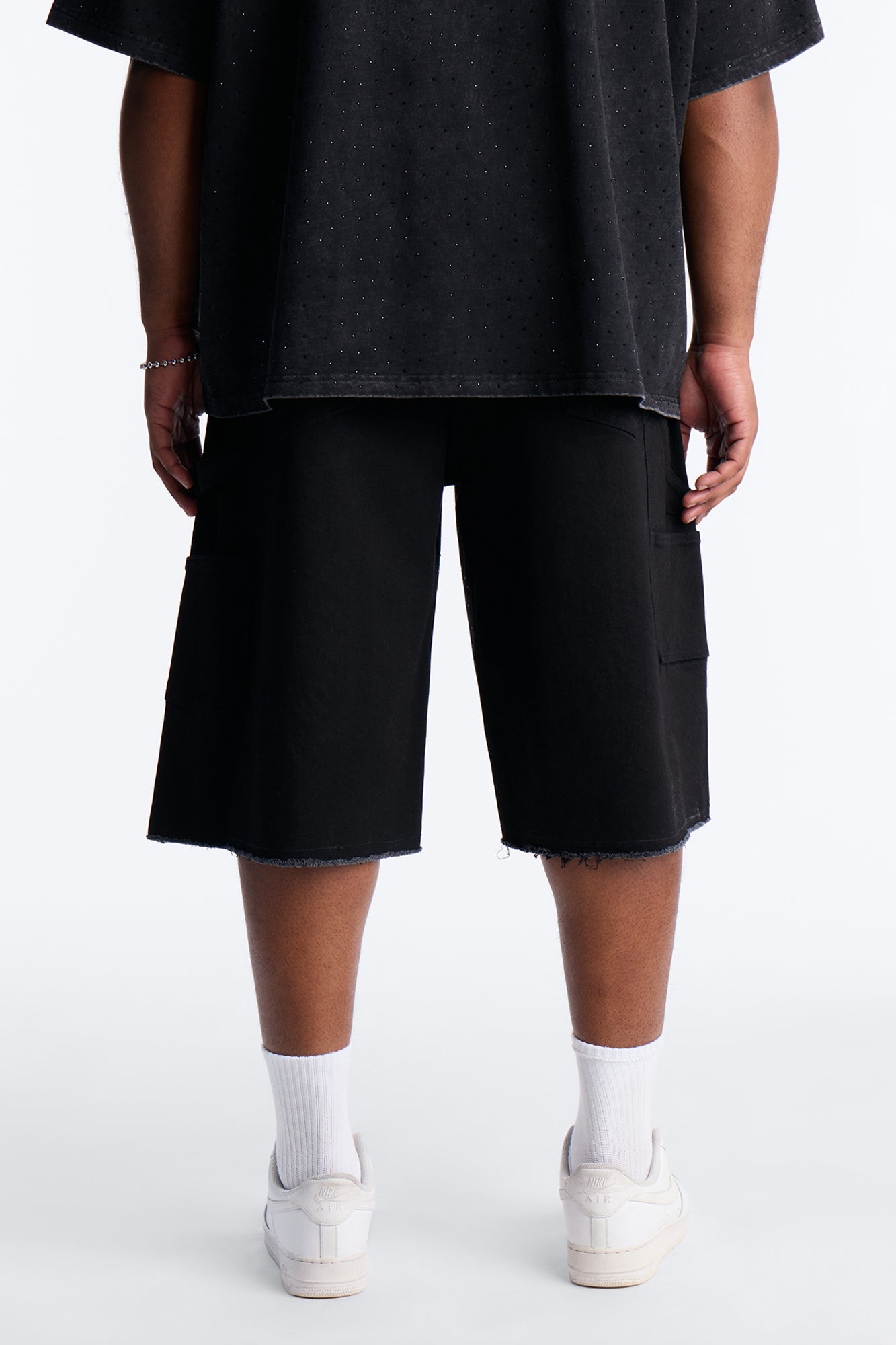 Baggy Flamed Jewel Carpenter Denim Short - Black