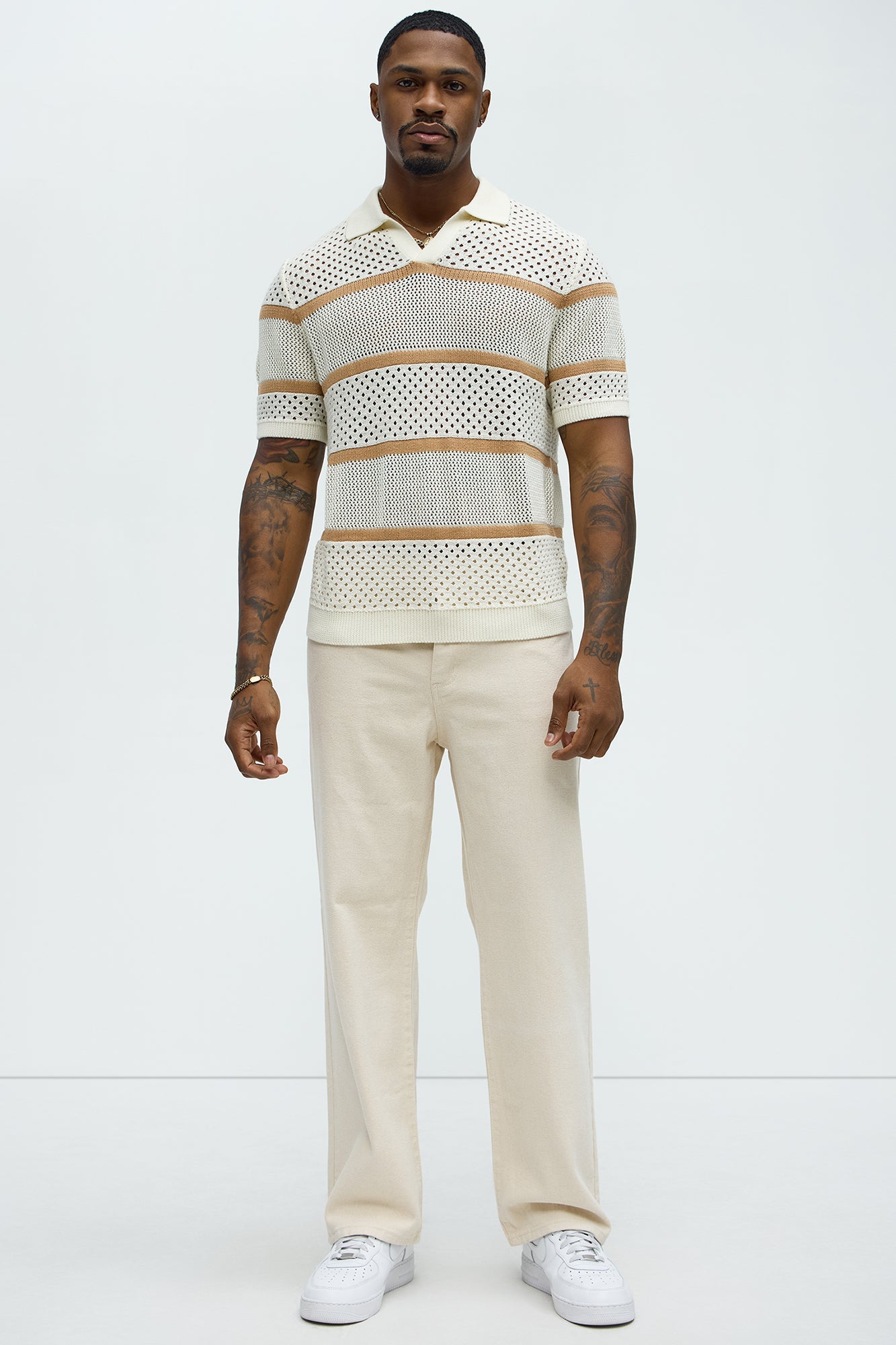 Mixed Texture Knitted Johnny Collar Shirt - Cream/combo