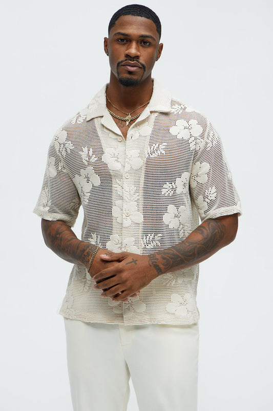 Carver Open Knit Crochet Cuban Shirt - Cream