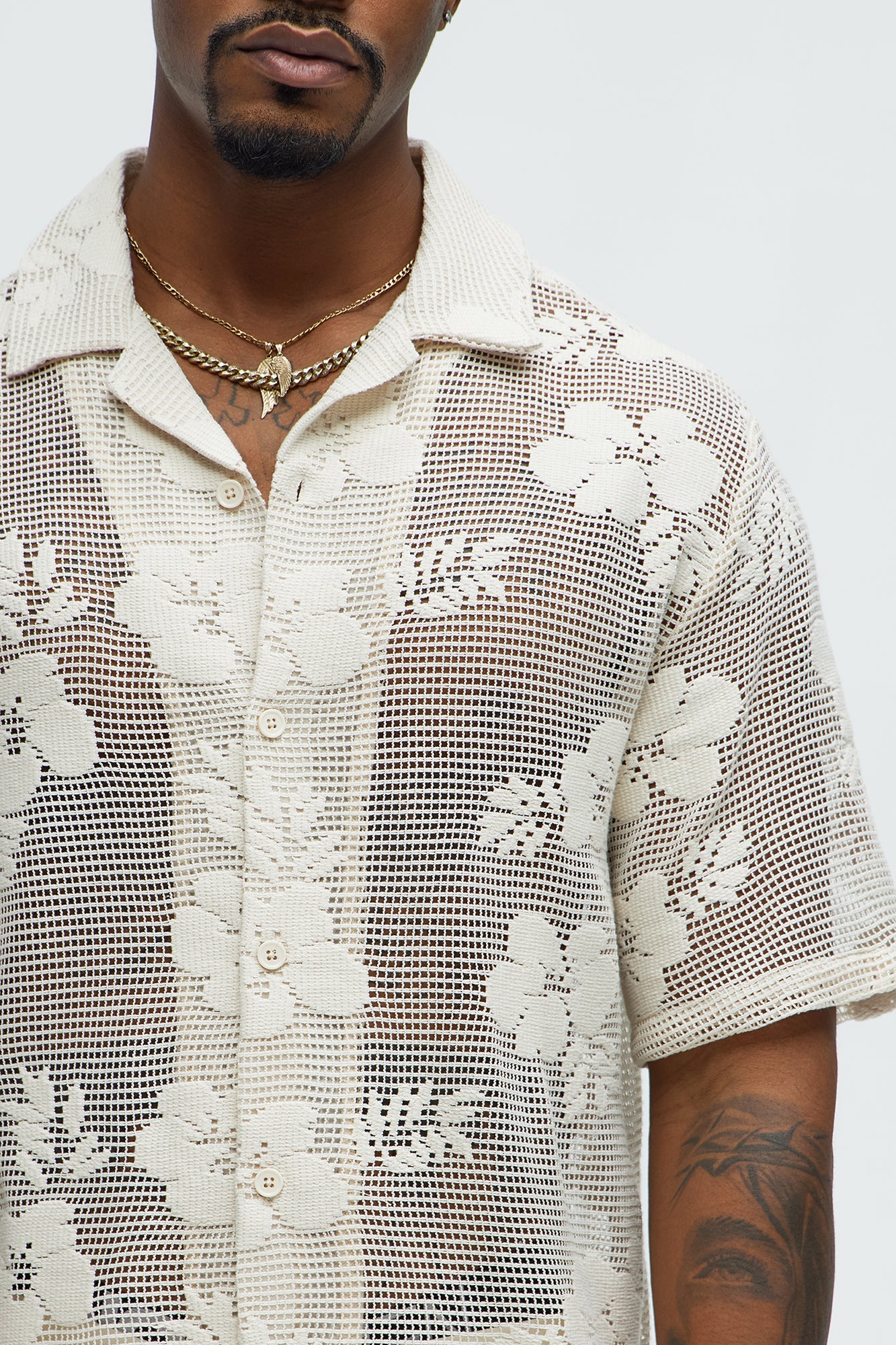 Carver Open Knit Crochet Cuban Shirt - Cream