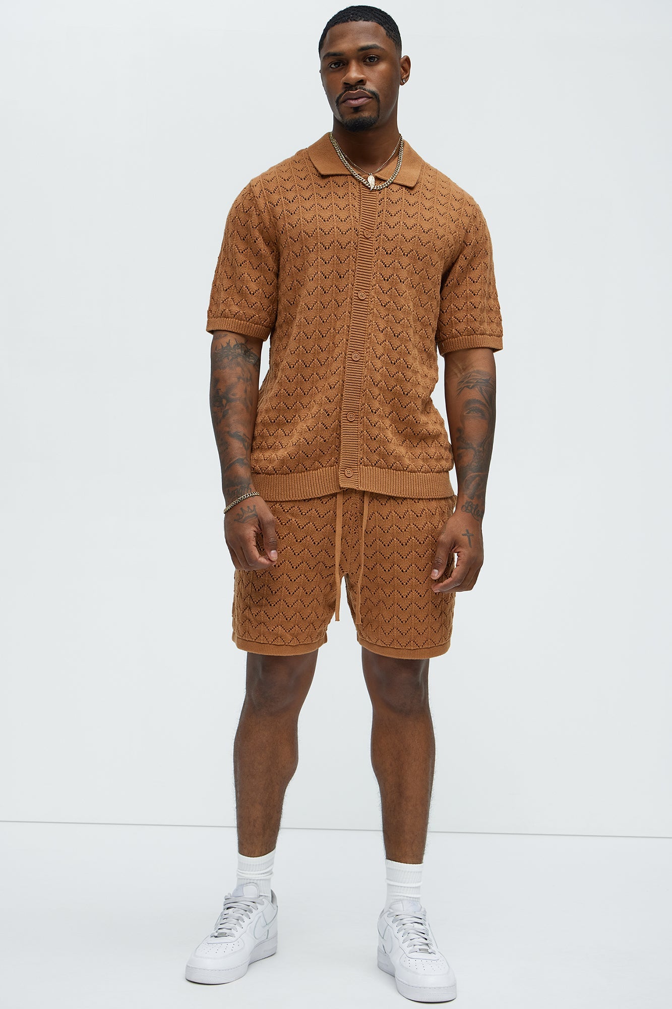 Waterfall Texture Open Knit Shirt - Brown