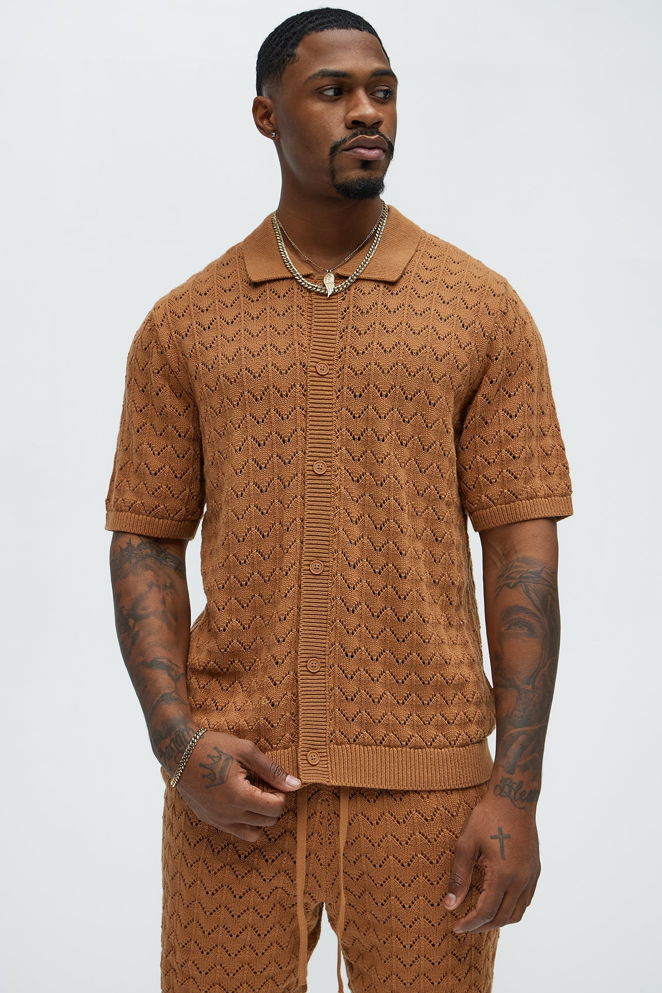Waterfall Texture Open Knit Shirt - Brown