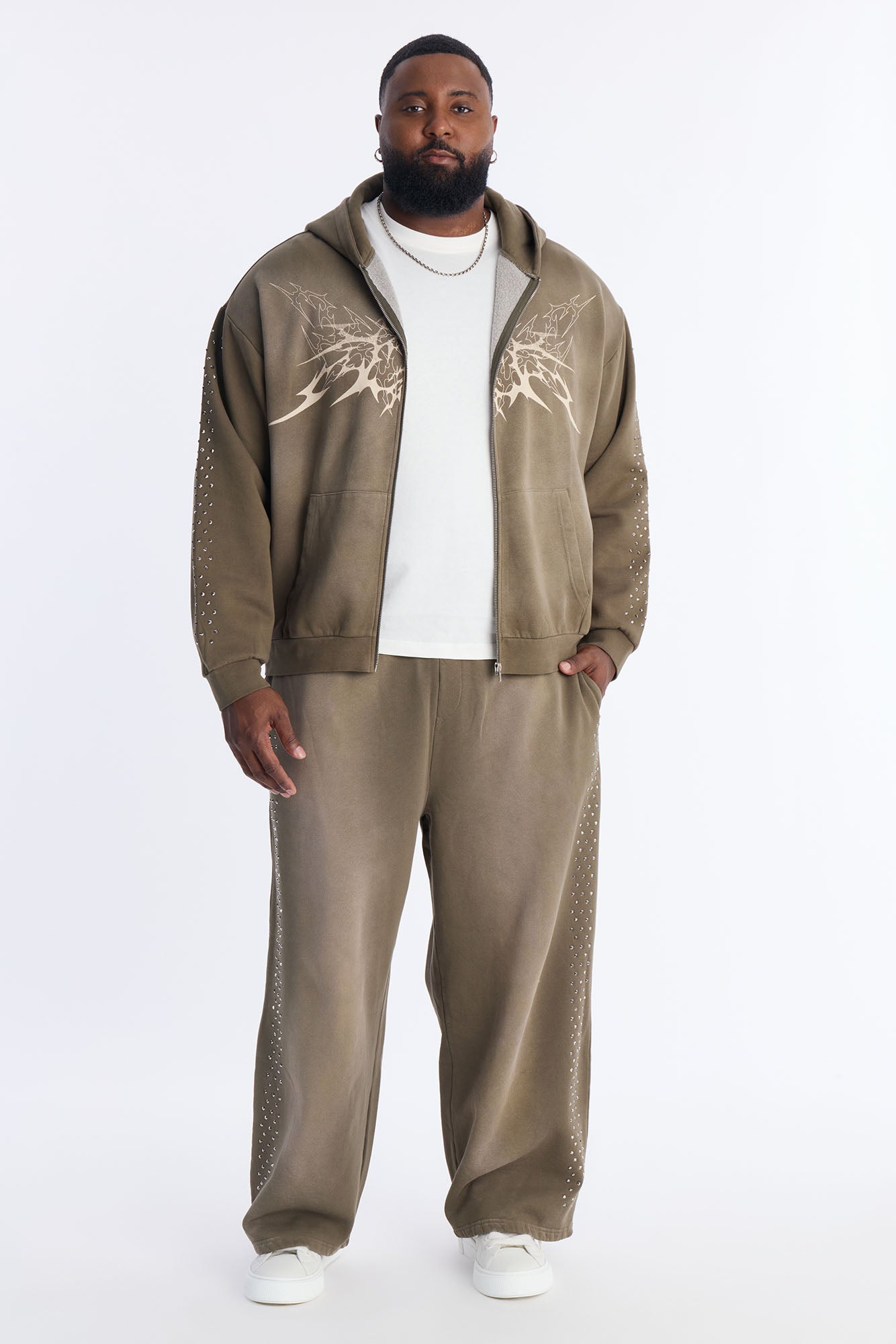 Tribal Rhinestone Zip Hoodie - Olive