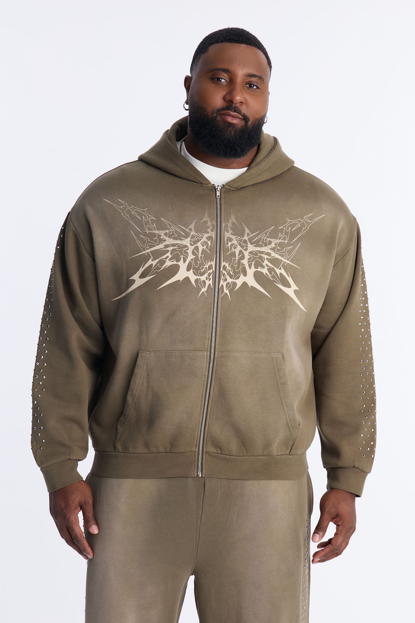 Tribal Rhinestone Zip Hoodie - Olive