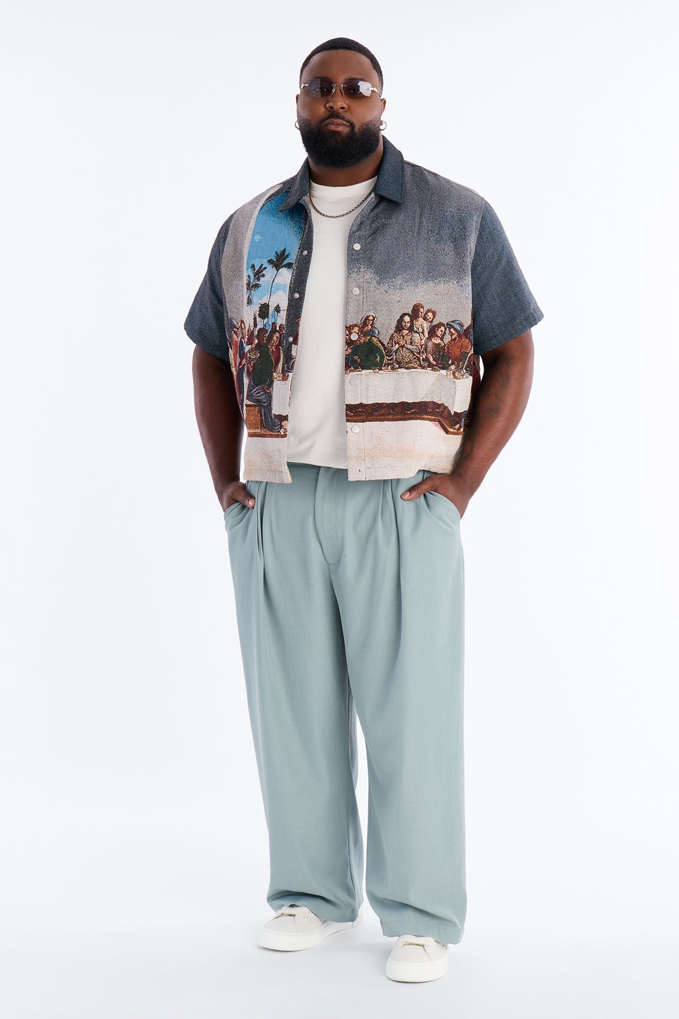 Cropped Relaxed Palm Vinci Button Up Shirt - Multi Color