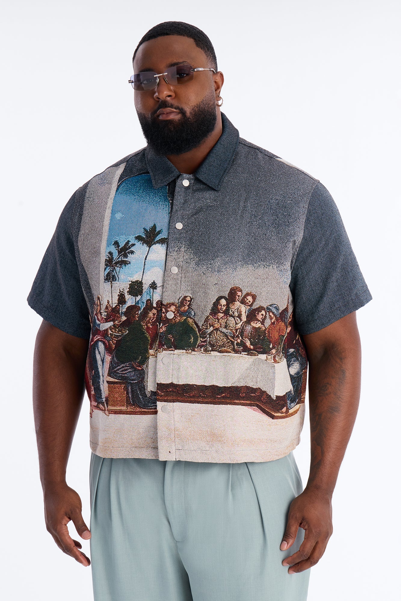 Cropped Relaxed Palm Vinci Button Up Shirt - Multi Color