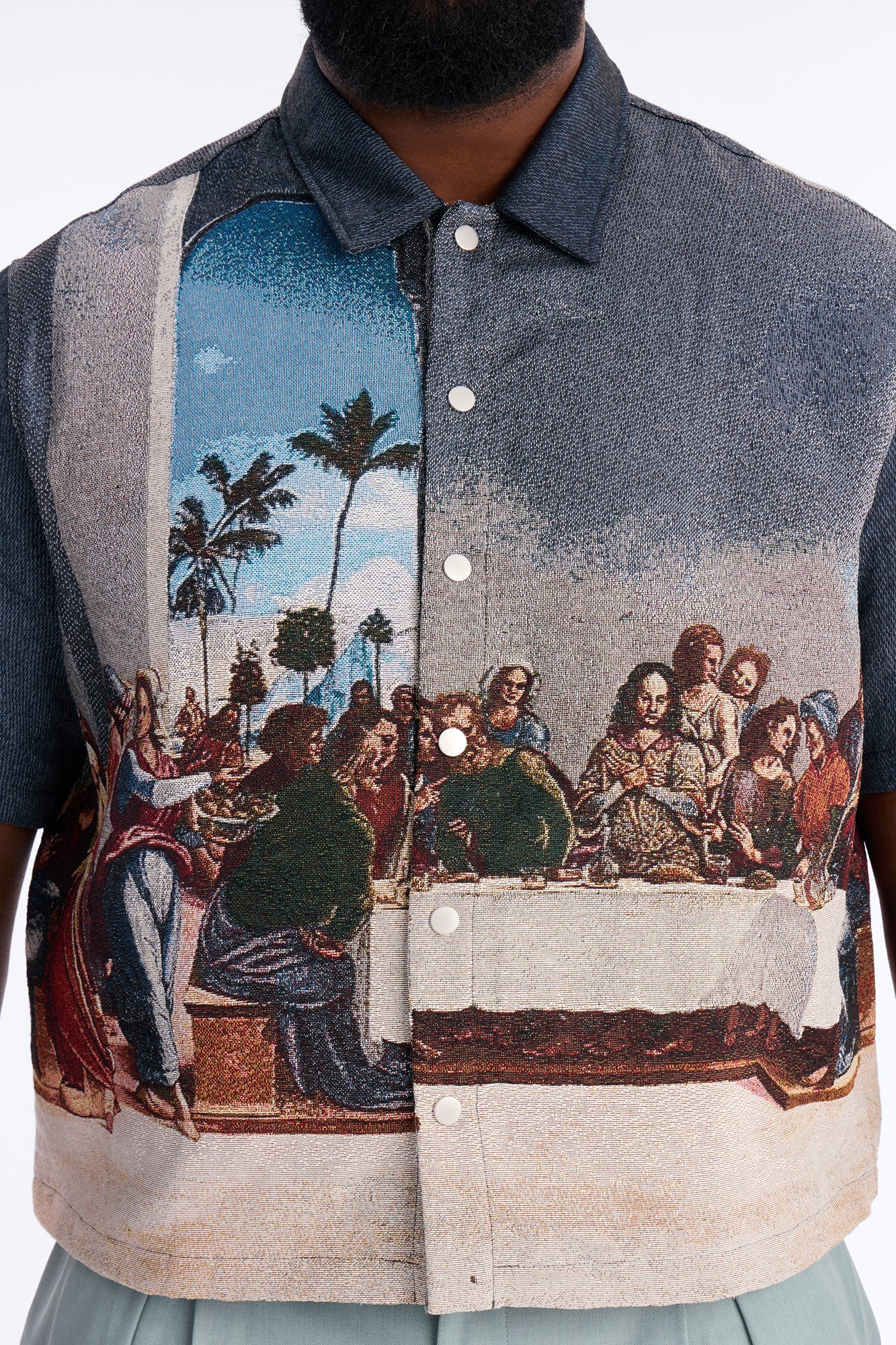 Cropped Relaxed Palm Vinci Button Up Shirt - Multi Color