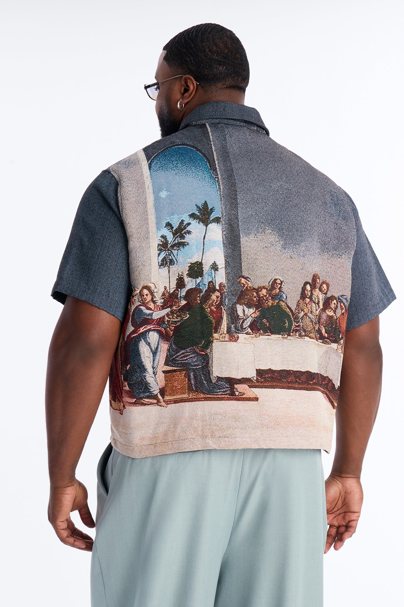 Cropped Relaxed Palm Vinci Button Up Shirt - Multi Color