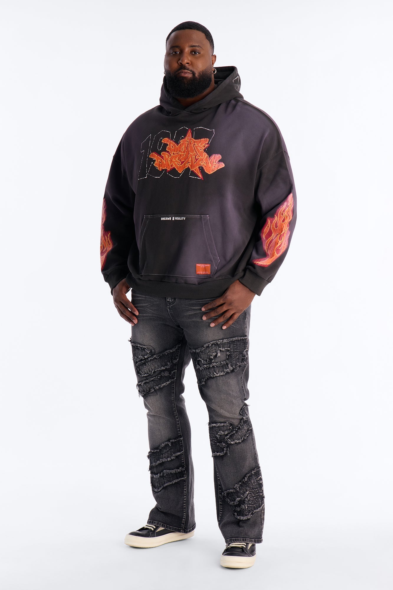 Stacked Slim Flare Fray Waves Jeans - Black Wash