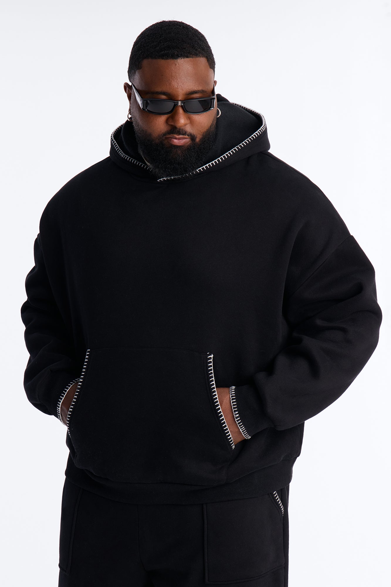 Oversized Contrast Blanket Stitch Hoodie - Black