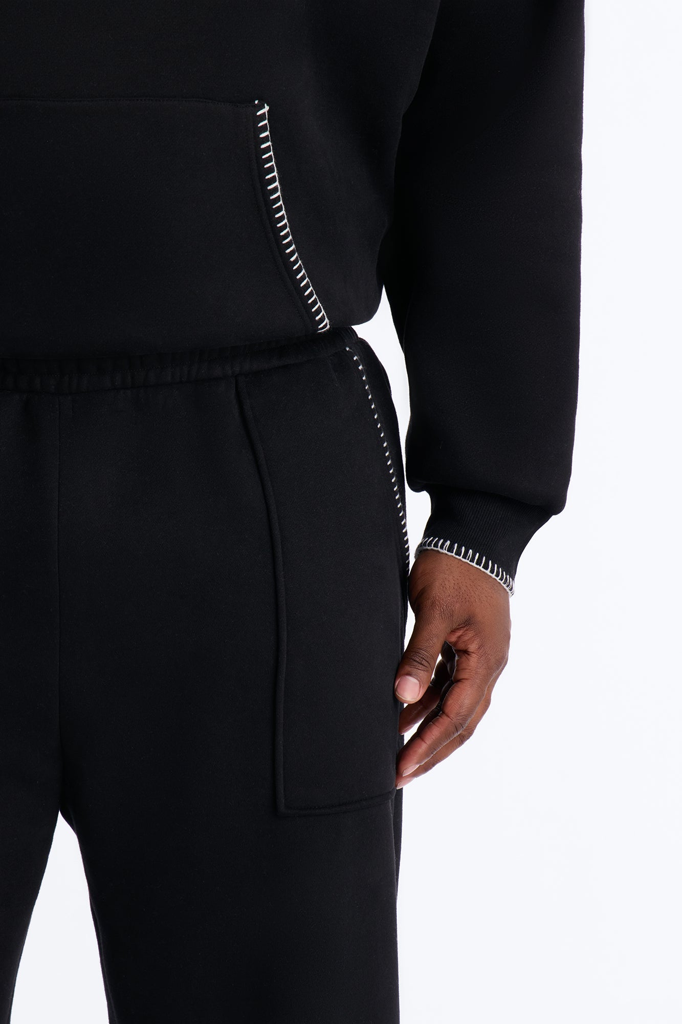 Straight Contrast Blanket Stitch Sweatpants - Black