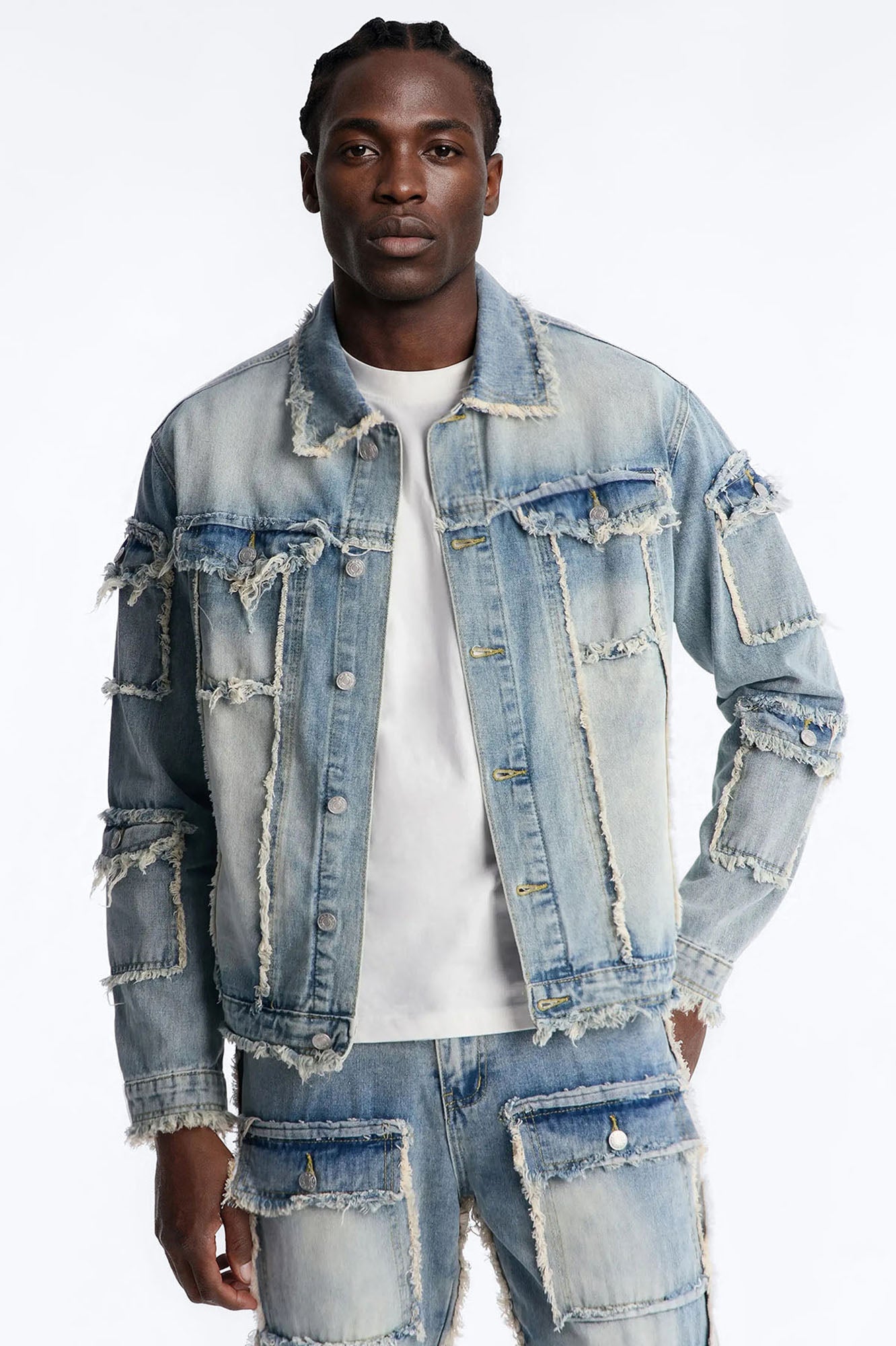 Tattered Cargo Denim Trucker Jacket - Light Wash