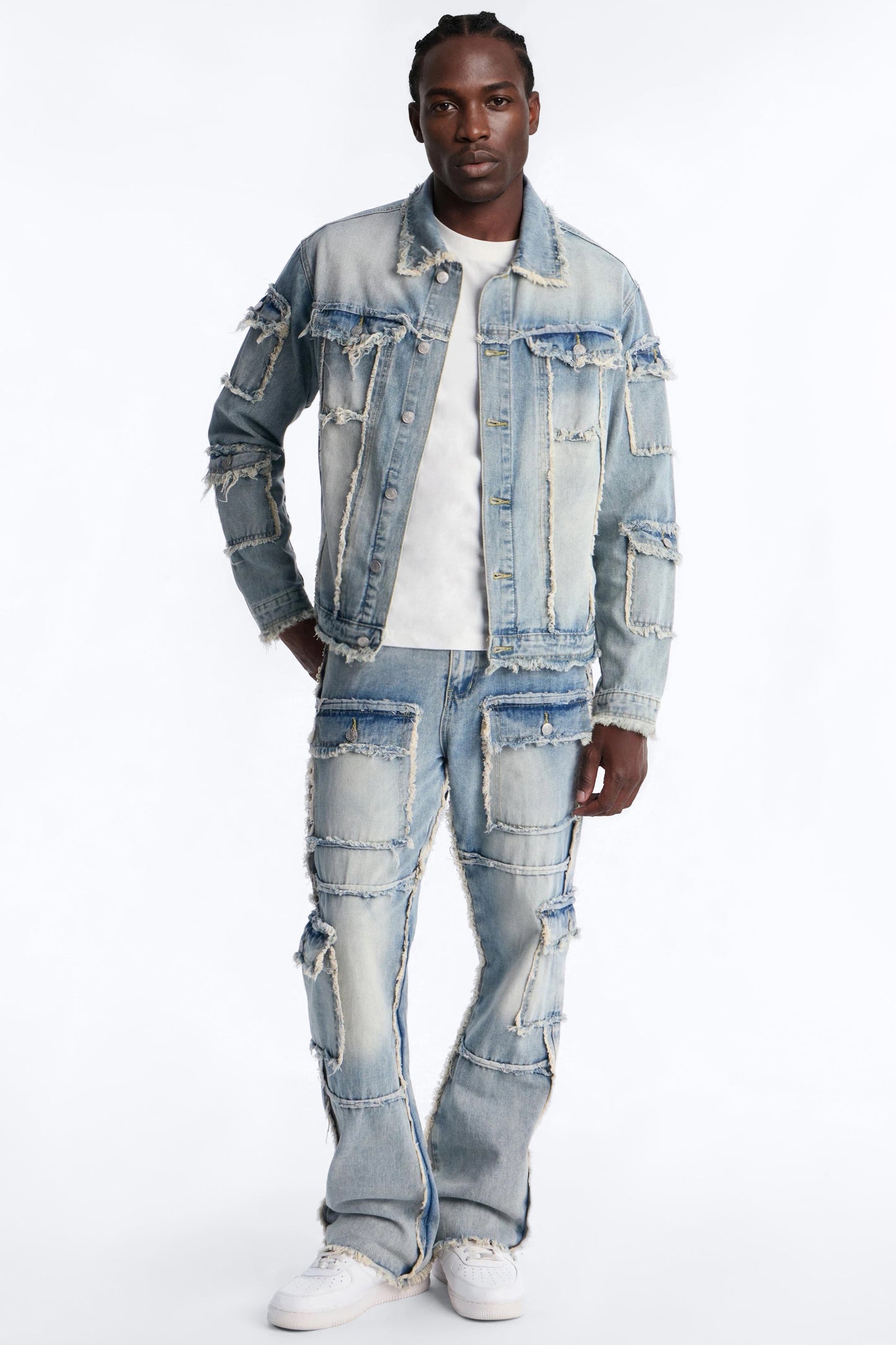 Straight Flare Tattered Cargo Jean - Light Wash