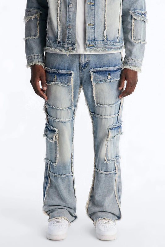 Straight Flare Tattered Cargo Jean - Light Wash