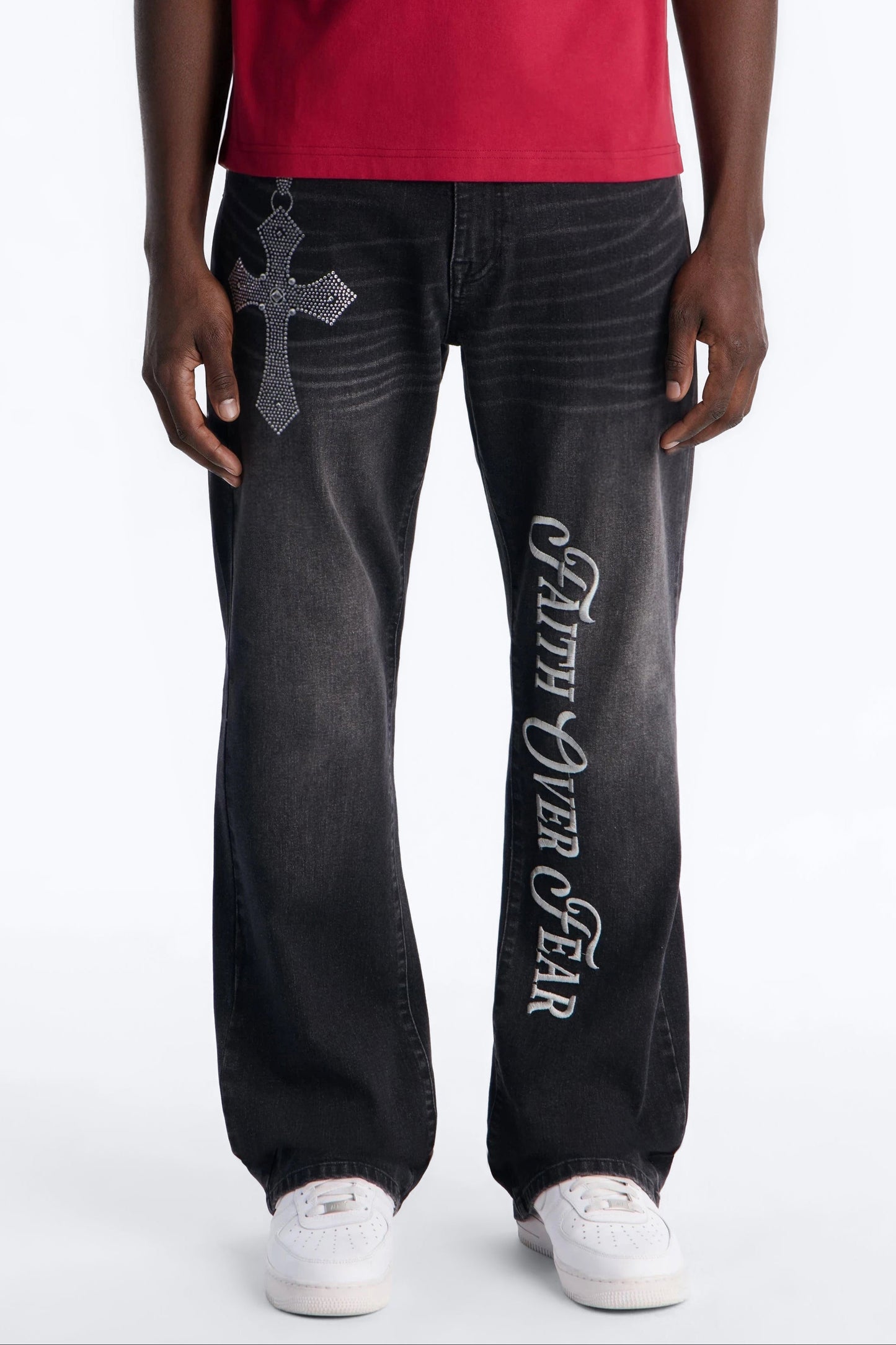 Stacked Slim Flare Faith Over Fear Drip Jean - Black Wash