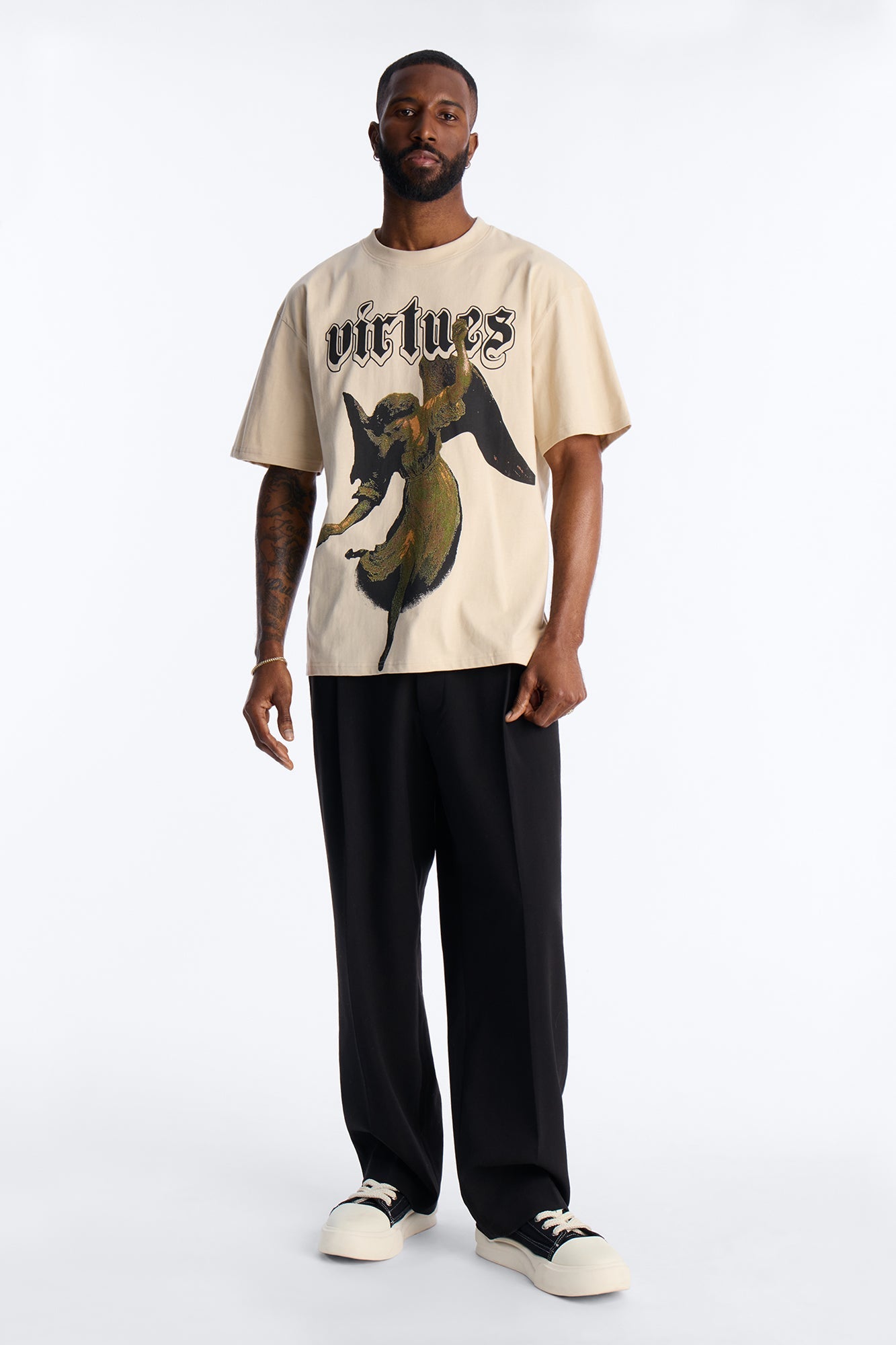 Oversized Affirmational Virtues Short Sleeve Tee - Sand