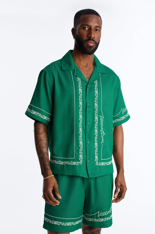 Kingston Embroidered Cuban Collar Button Up Shirt - Green