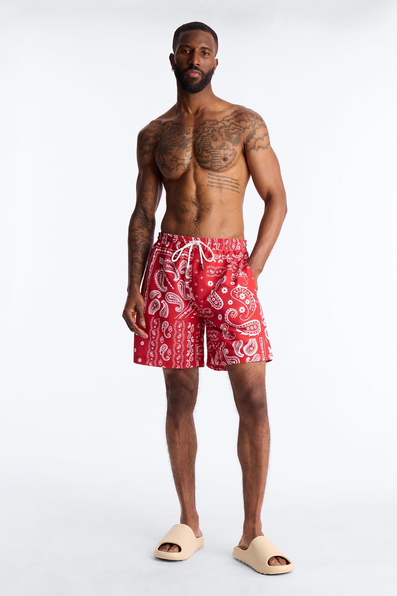 Wild Paisley Printed Swim Trunk 7″ - Red