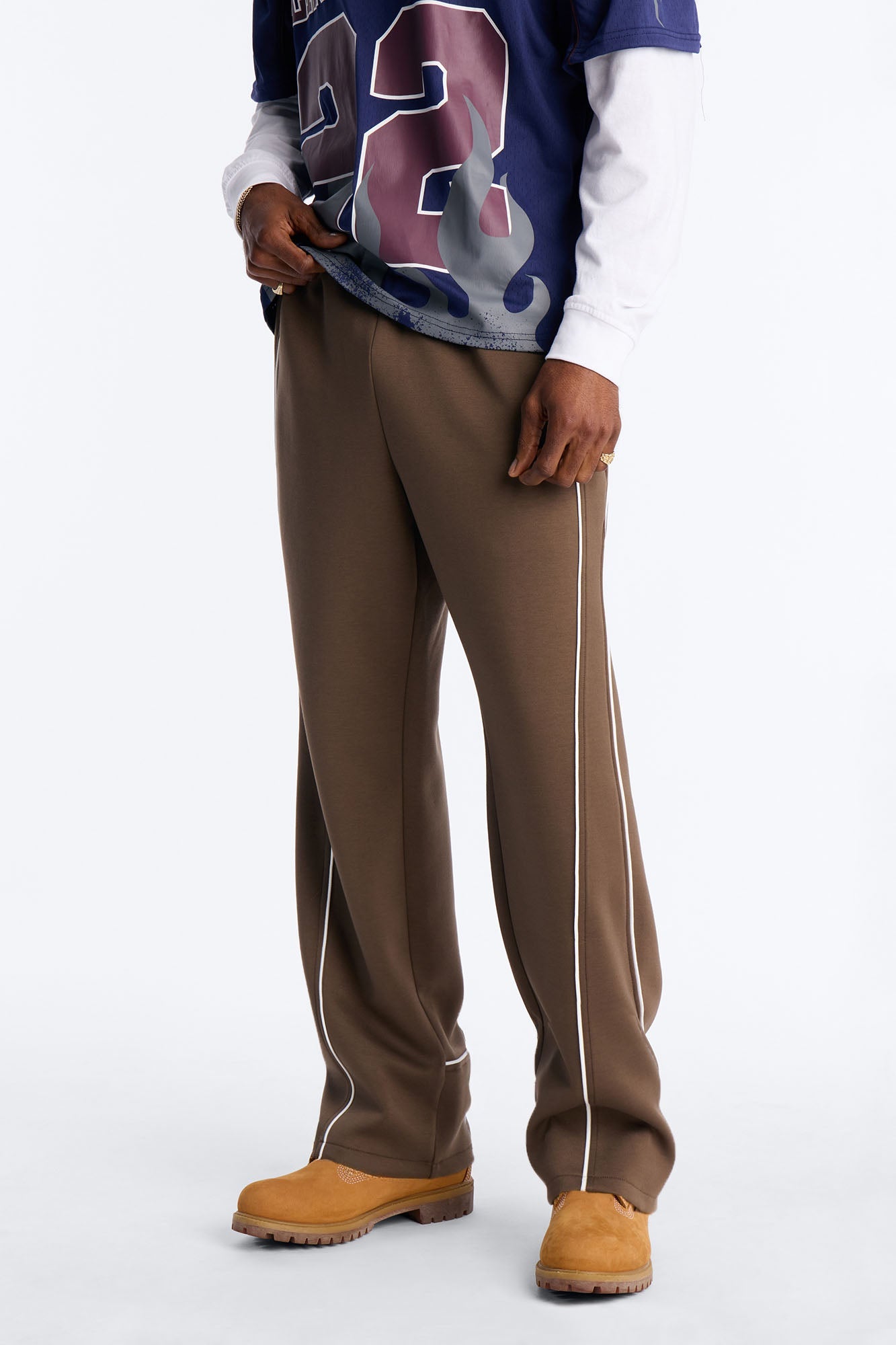 Straight Structured Fleece Piped Pant - Brown
