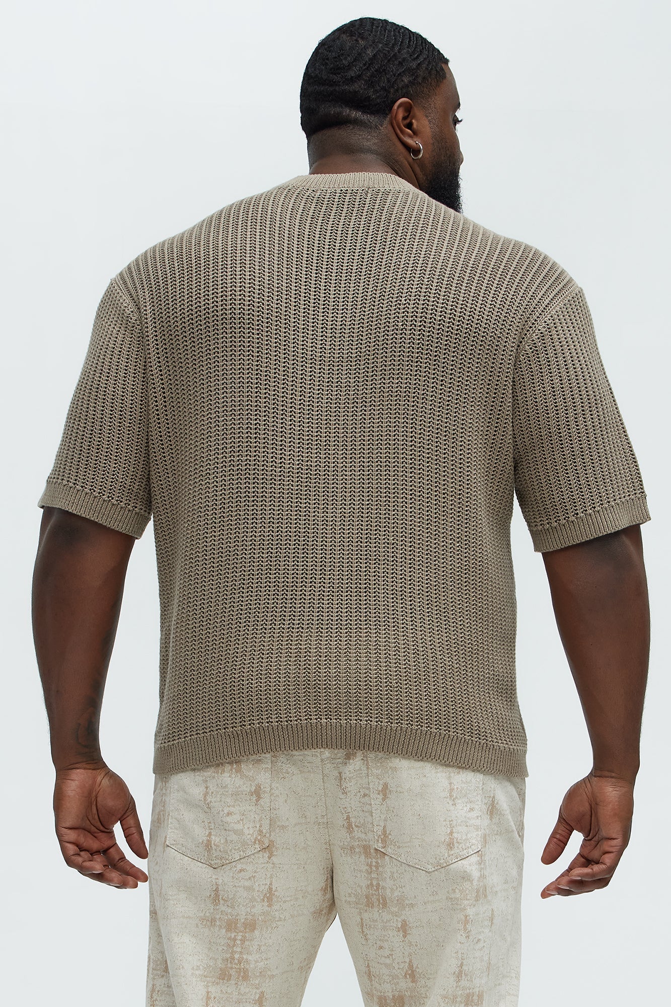 Printed Textured Knit Short Sleeve Tee - Brown