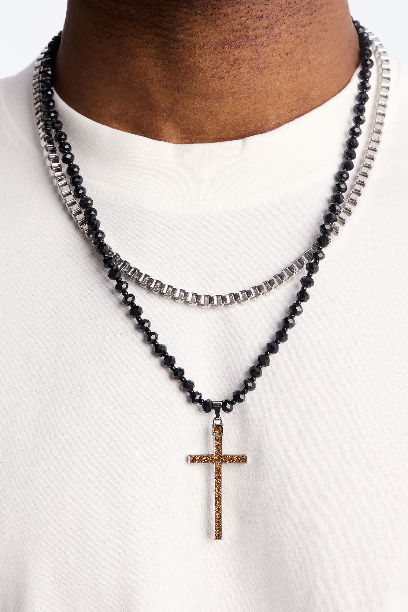 Layered Beaded Cross Pendant Necklace Set - Silver/Multi