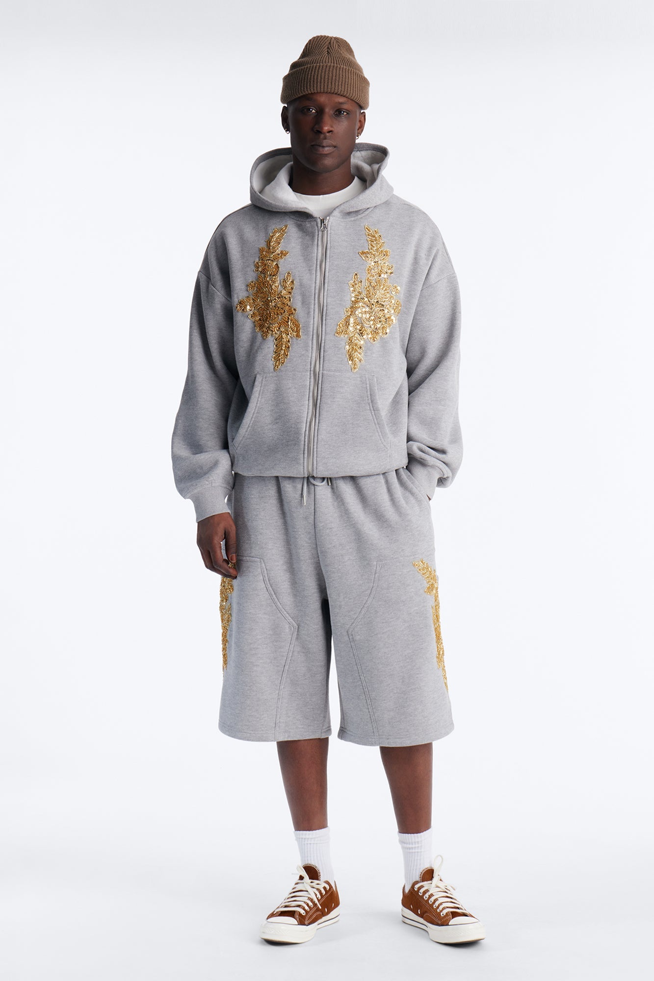 Oversized Rogue Sequin Applique Zip Up Hoodie - Grey