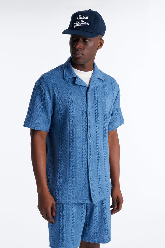 Textured Stripes Cuban Short Sleeve Button Up Shirt - Blue