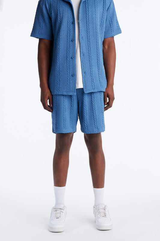 Textured Stripes Relaxed Drawstring Shorts - Blue