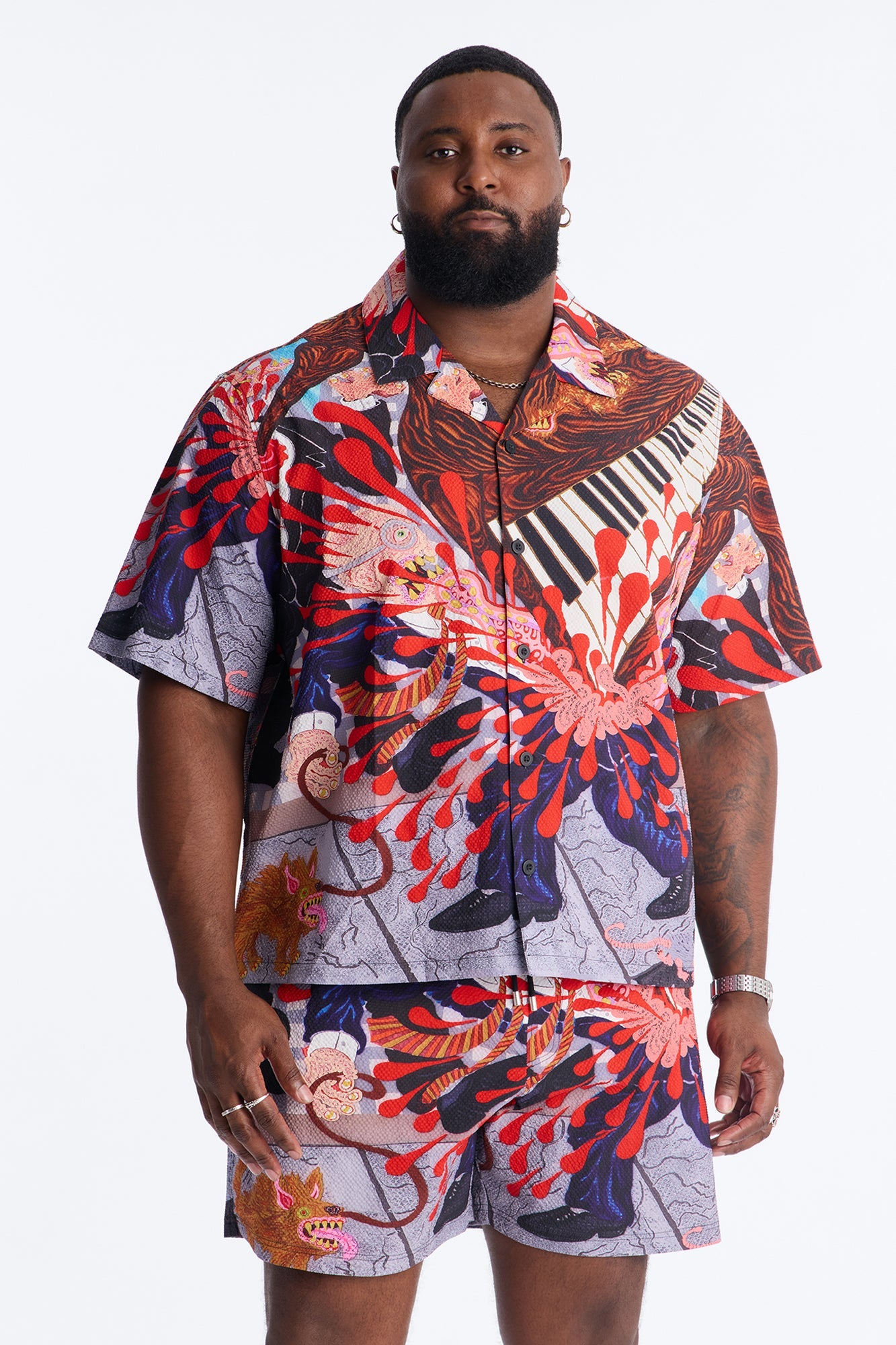 Relaxed Jazz Engine Seersucker Cuban Button Up Shirt - Multi Color