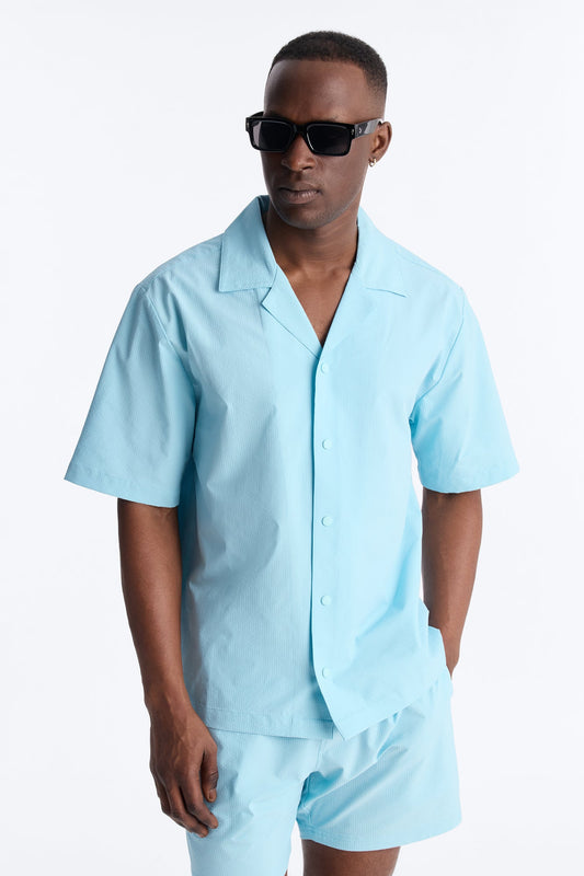 Seersucker Short Sleeve Cuban Collar Shirt - Light Blue