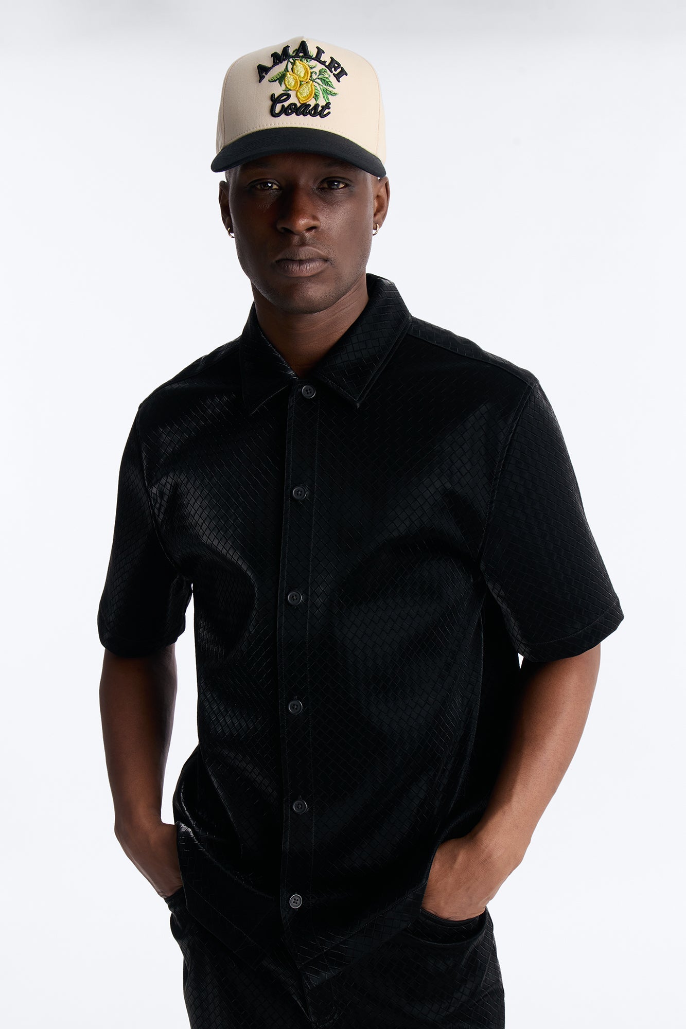 Tisse Textured Faux Leather Button Up Shirt - Black