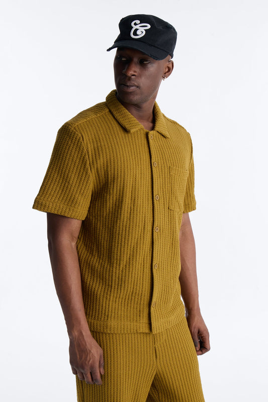 London Fog Textured Button Up Shirt - Mustard