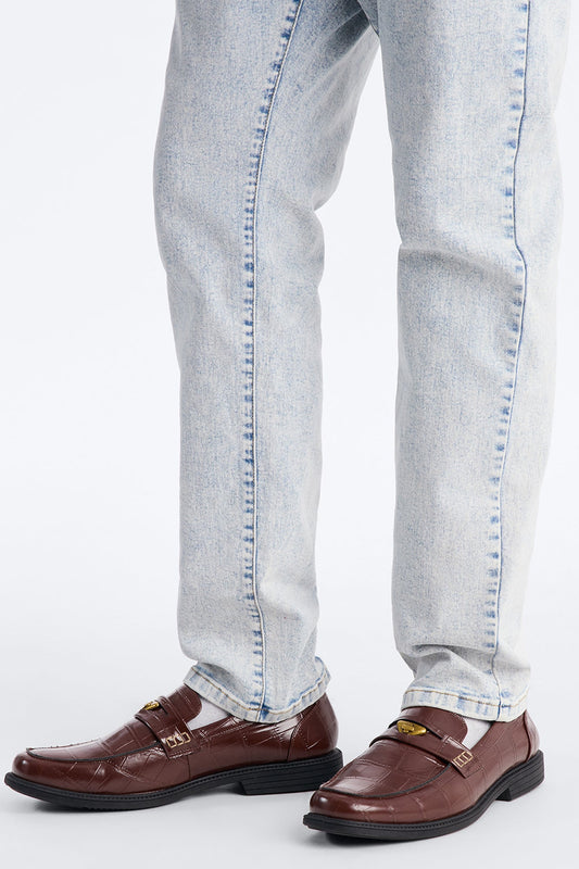 Embossed Crocodile Buckle Slip On Loafer - Brown